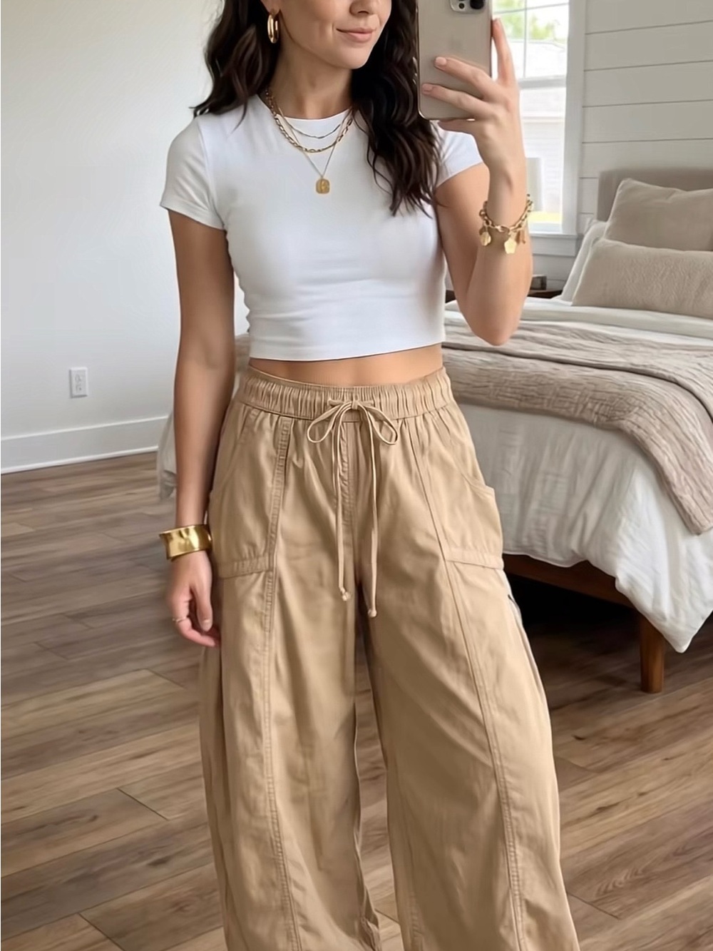 High-Rise Wide-Leg Cargo Pants in Tan XL